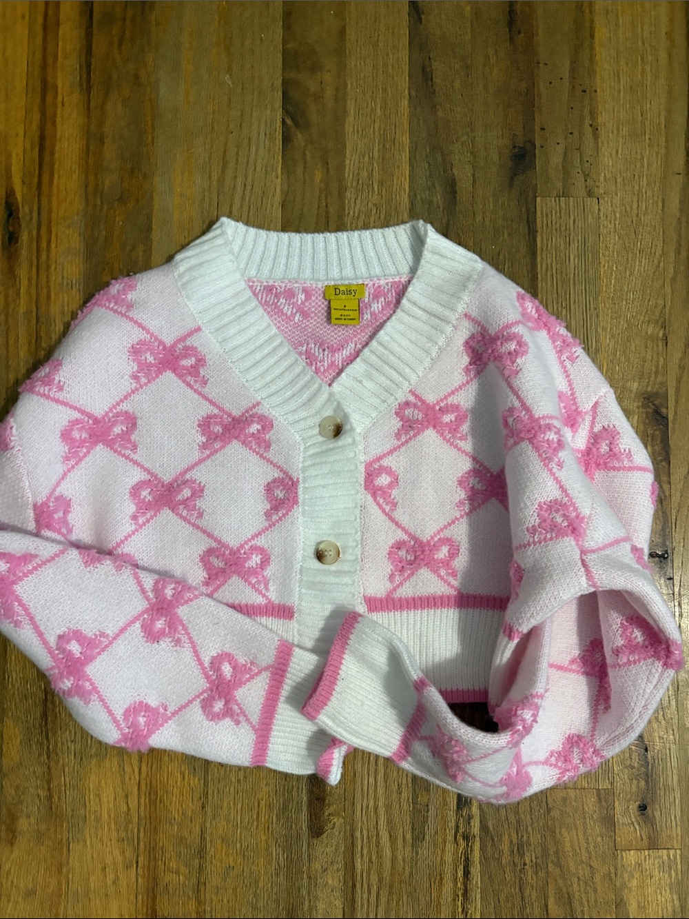 Daisy Pink & White Bow-Jacquard V-Neck Cardigan